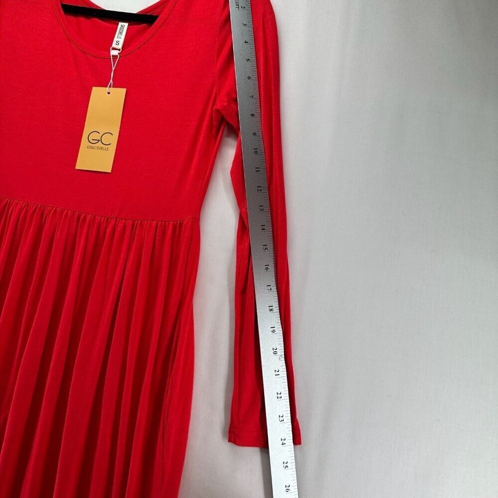 Grecerelle Dress S Shirred A-Line Maxi Scoop Neck Long Sleeve Stretch Rayon Red - Picture 11 of 12